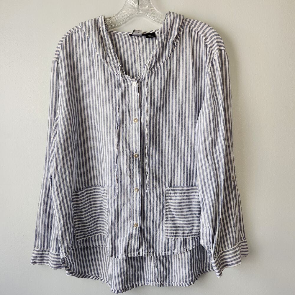 Tahari Linen Hooded Shirt Women L Blue White Stripe Button Up Beach Coastal Chic